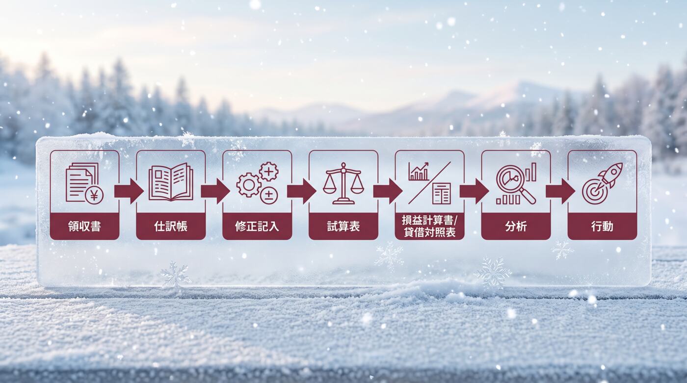 月次決算の7ステップフロー図