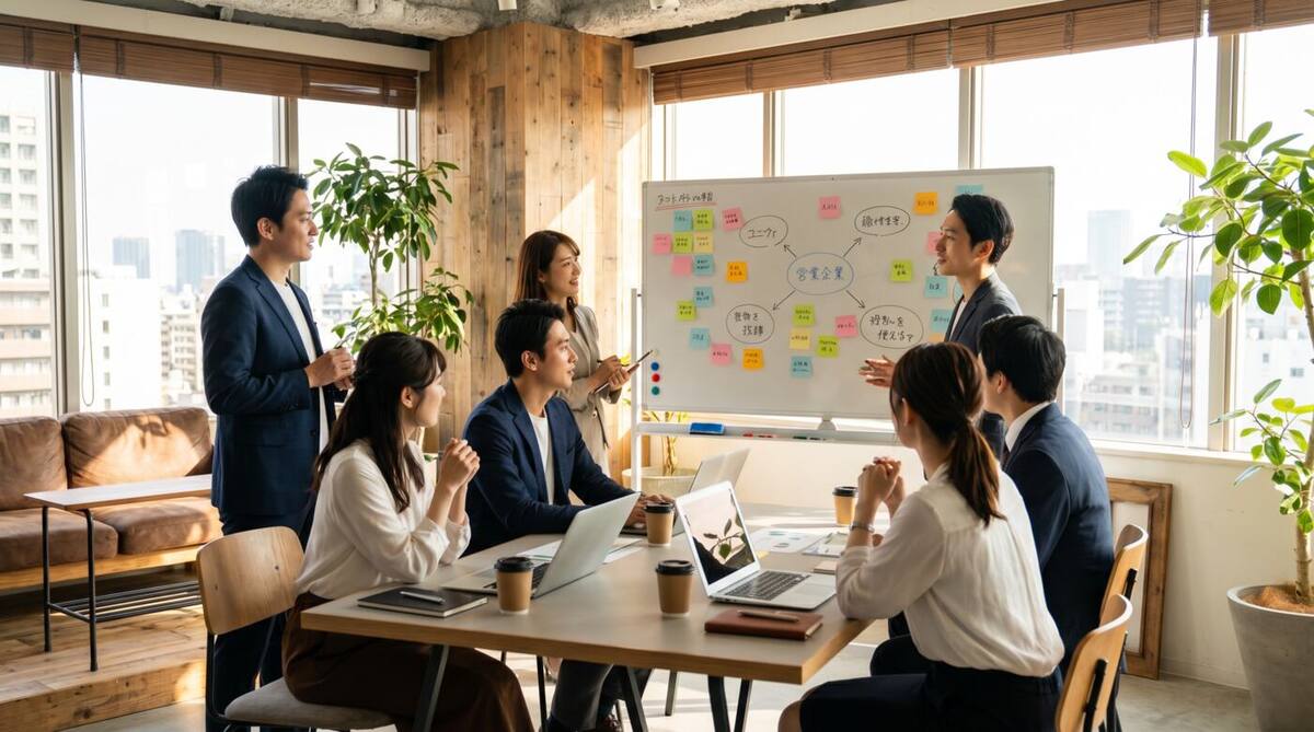 業務効率化のアイデアをホワイトボードに書き出している会議風景