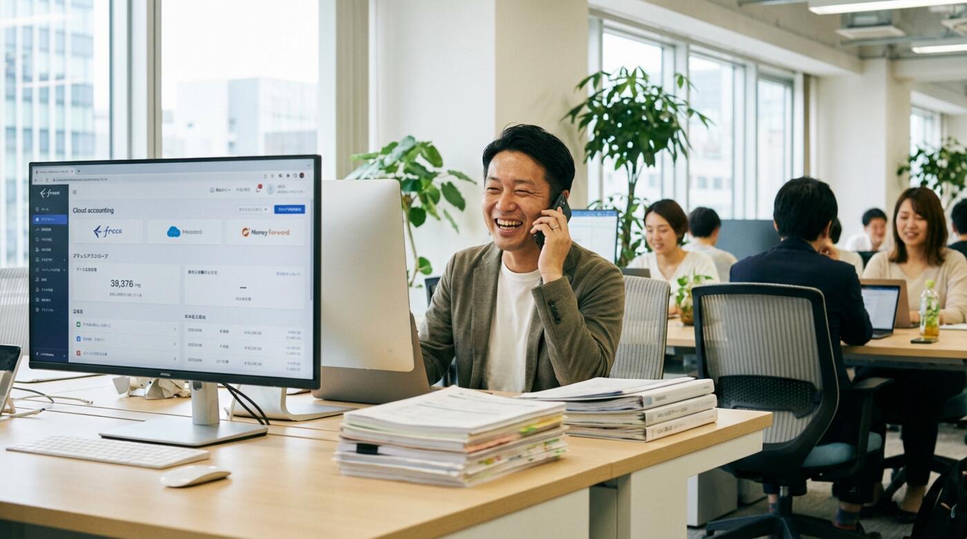 経理代行で書類が整理され、経営者が本業に集中できている様子