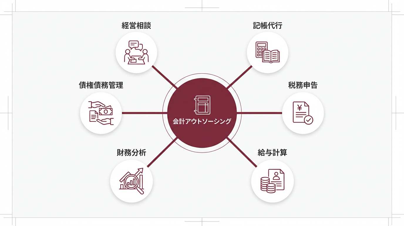 経理代行が対応する6つの業務カテゴリのマップ図