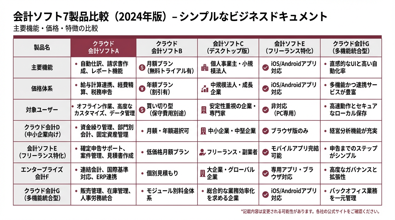 主要経理ソフト7製品の比較マトリクス