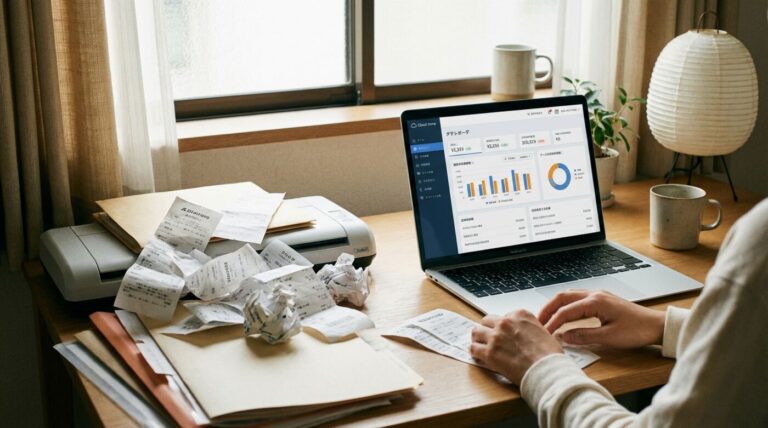 記帳代行で領収書の山がクラウド会計画面に整理されていく様子