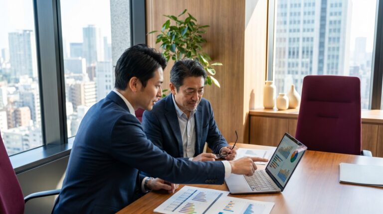 社外CFOと中小企業の経営者が財務戦略を議論するビジネスシーン