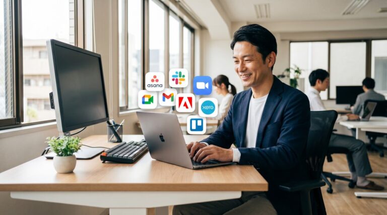 業務効率化ツールのアイコンがノートパソコン周りに並んでいるイメージ