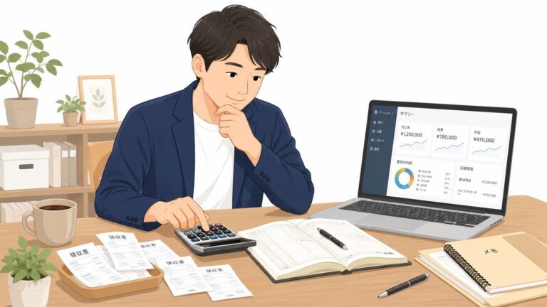 記帳代行の料金を電卓と帳簿で試算する中小企業の経営者